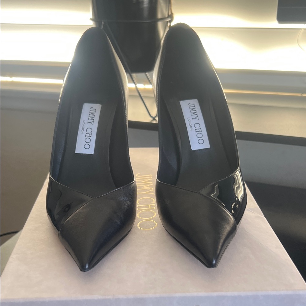 Jimmy Choo Black Leather and Patent Pointed-Toe Pumps